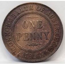 AUSTRALIA 1934 . ONE 1 PENNY . ERROR . CUD ABOVE SCROLL